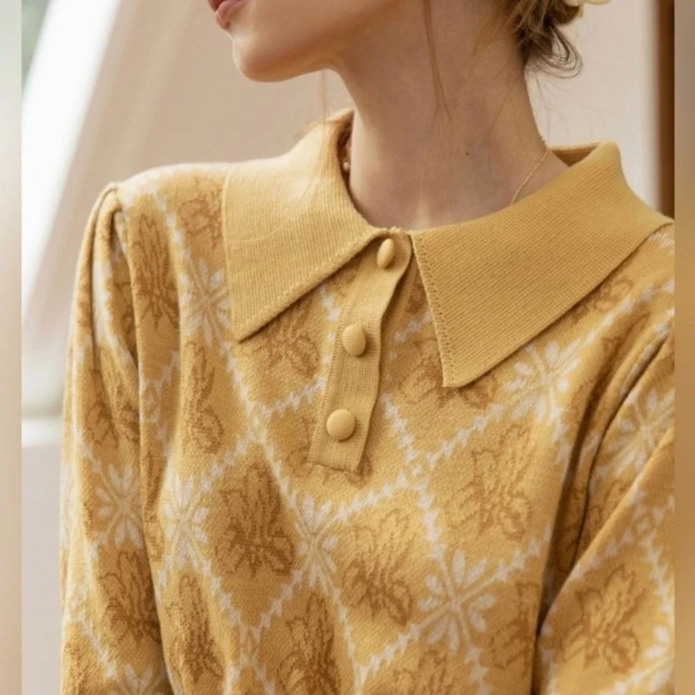 Simply Retro New Yellow Argyle Floral Wool Blend Collared Sweater Polo SZ Large